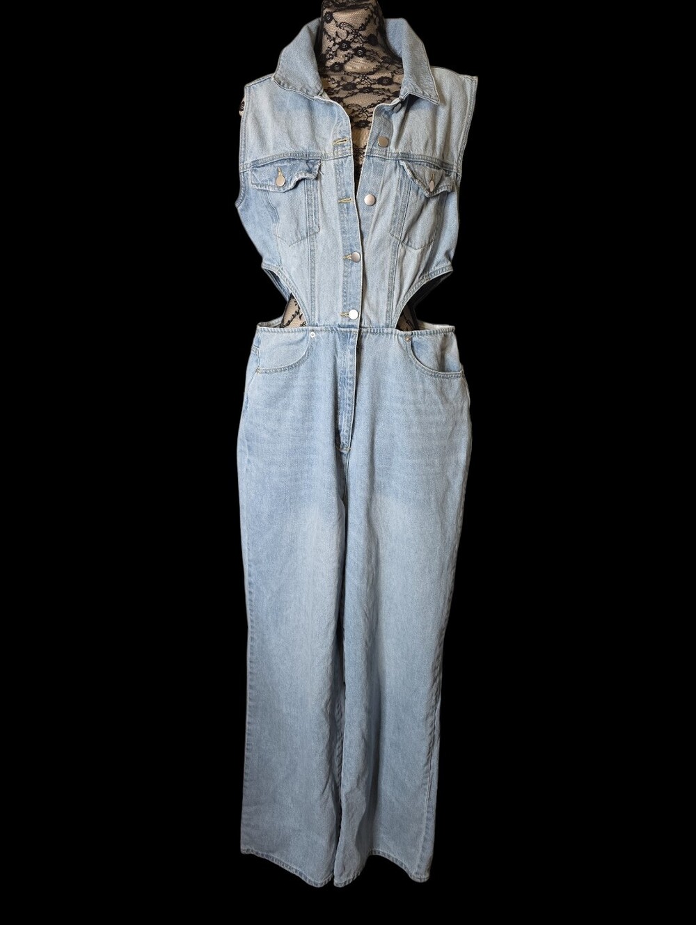 Fashionova Light Blue Cutout Denim Jumpsuit Tall Girl Friendly Sexy XL